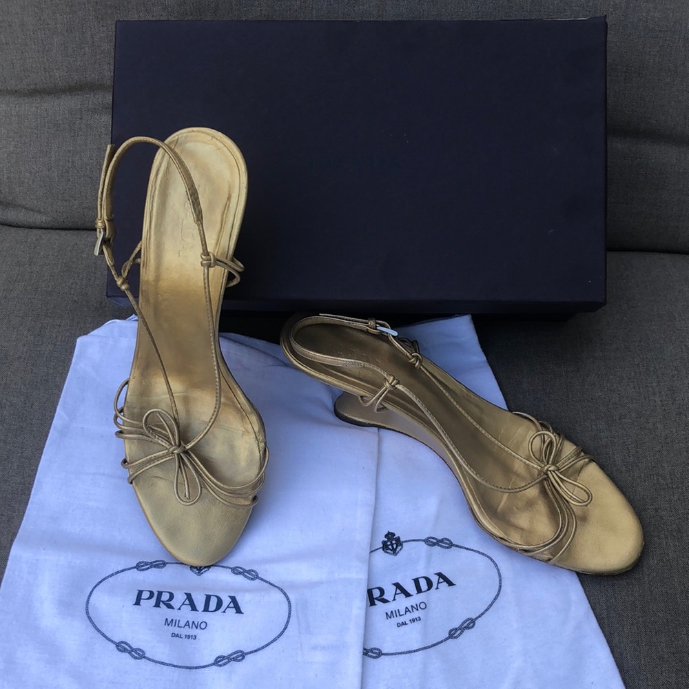 Prada Gold Wedge Sandals